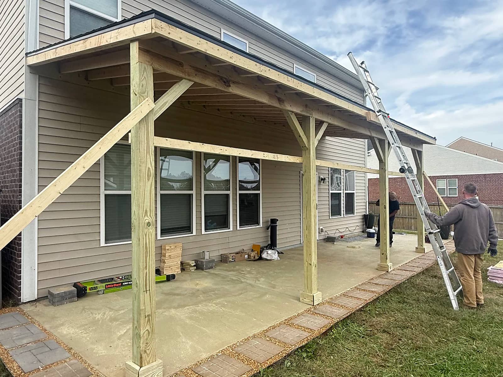 Covered patio with stamped-concrete flooring